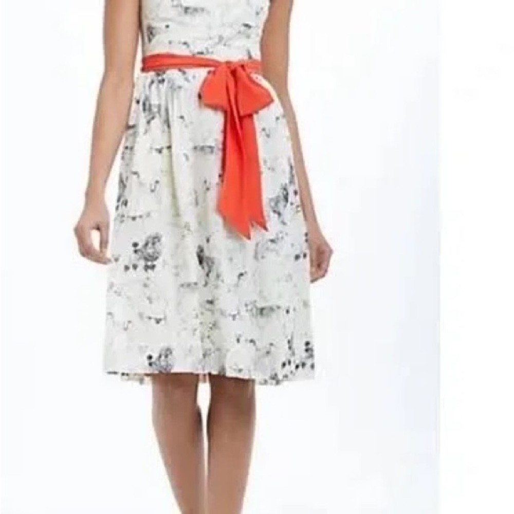Maeve Fetch and Frolic Strapless Dog Print White Dress with Orange Red Silk Sash